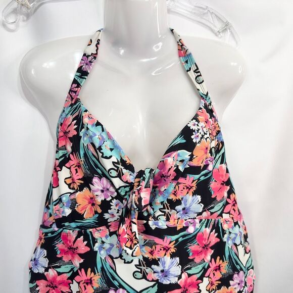 Catalina Plus Size 3X Swim Top Halter Tie Neck Floral Pink Black Swimsuit 1668 - Picture 3 of 7